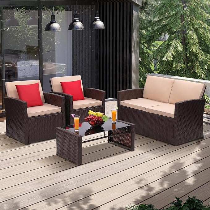 4 Pieces Patio Conversation Set, Outside Rattan Sectional Sofa, Cushioned Furniture Set, Wicker Sofa Ideal for Garden, Porch, Backyard, Brown Color Rattan and Beige Cushion