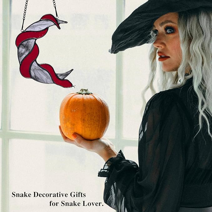 Stained Glass Red Snake on Moon Decor Window Hangings Ornament, Gothic Snake Suncatcher Halloween Decorations, Handmade Stained Glass Gifts Sun Catchers Indoor Window Home Decor.