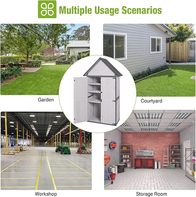 GUTINNEEN Outdoor Storage Shed with All Around Strong Metal Frame, Garden Tool Sheds Cabinet with Floor & Adjustable Shelves, Wooden Tool House for Backyard Garden Patio Lawn (White)