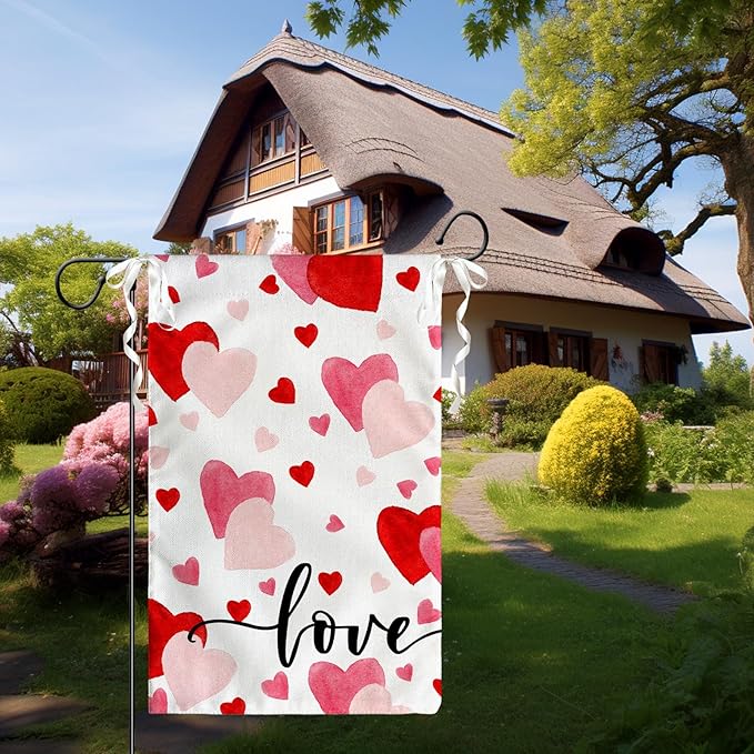 Love Heart Garden Flag Valentine Yard Flag Red And Pink Hearts Garden Flags Polyester Double Sided Anniversary Wedding Sweety House Banner for Spring Home Outdoor Decor 12x18 Inch