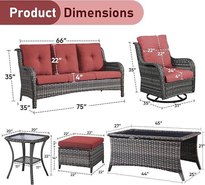 Wicker Rattan Patio Furniture Set - 7 Pieces Outdoor Couch with Swivel Chairs, Ottomans and Coffee Table for Deck, Poolside, Backyard - Grey/Red