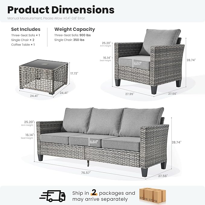 ovios 4 Pieces Patio Furniture Set Outdoor Sofa Couch with Solar Lights Table Comfy Cushions, Modern Deep Seat Wicker Rattan Conversation Set for Porch Deck, Dark Grey
