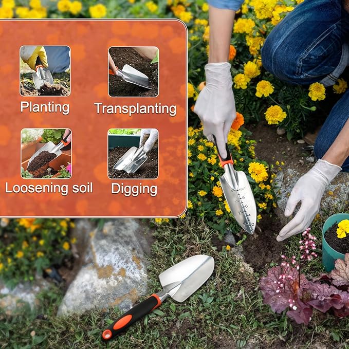 Garden Shovel Trowel Garden Tool Set, 2 Pack Heavy Duty Gardening Tools Set Include Wide Garden Trowel, Hand Shovel with Measurement Mark, Small Shovels for Gardening Digging Planting Transplanting