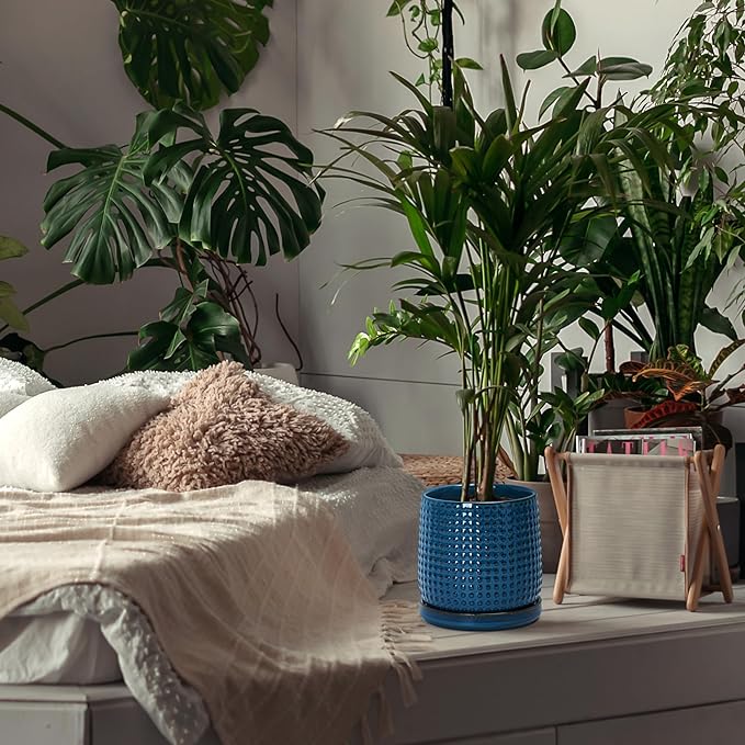 D'vine Dev 6 Inch Ceramic Beaded Stoneware Planter Pot - Flower Pot with Drainage Holes and Saucers for Indoor Succulent Plants or Flowers, Midnight Blue, 27-C-X-3