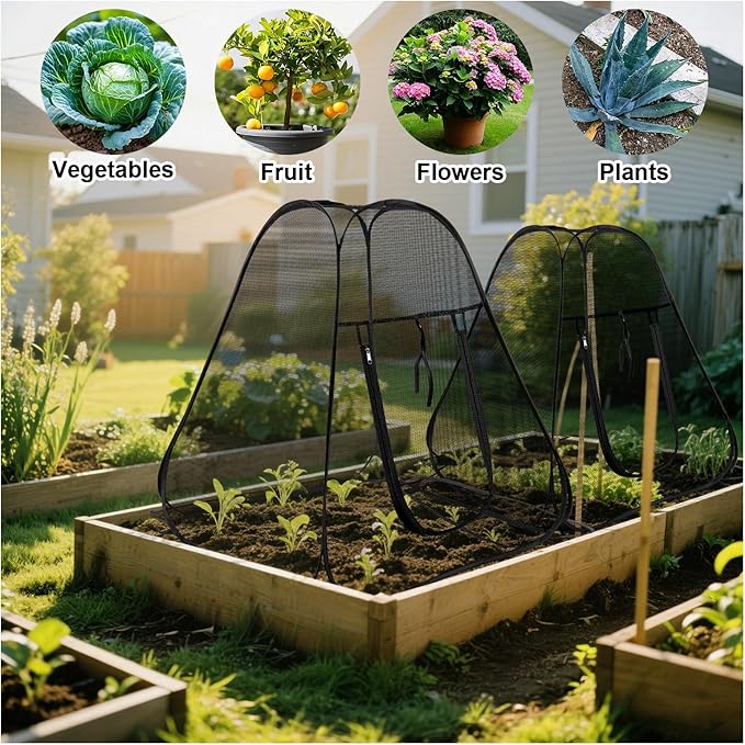 Pop up Garden Netting Cover,Pest Guard Plant Cover with 4 Stakes,Bird Plant Tent Protector,Mesh Gardening Net with Zipper Door for Vegetables Fruits Flowers