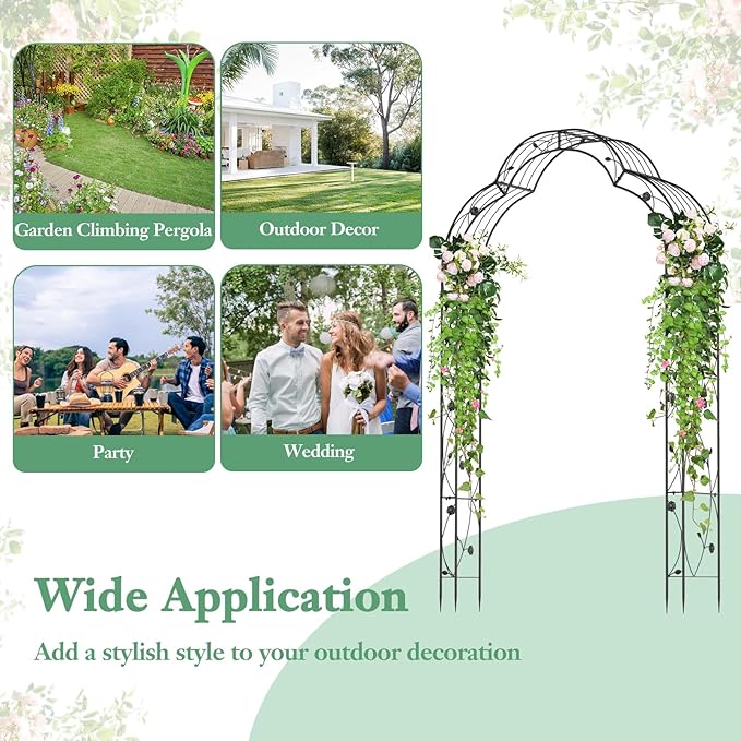 Moccha 2 Sides Garden Arch Arbor Trellis, 8.2FT Metal Archway for Climbing Plants Roses Vines, Outdoor Pergola Trellis with 6 Styles & Sharp Ends, Garden Arbor for Backyard Wedding Party Ceremony