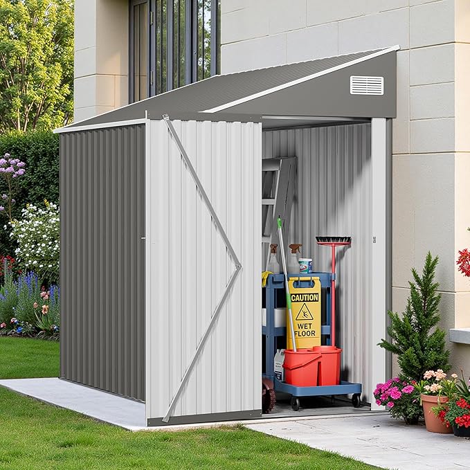 4x8 Lean to Metal Shed - Grey, Heavy-Duty Outdoor Storage for Bikes, Tools, Lawn Mowers & Firewood, Rust-Resistant Wall Side Design Sheds with Lockable Door, Waterproof Coating & Sloped Roof