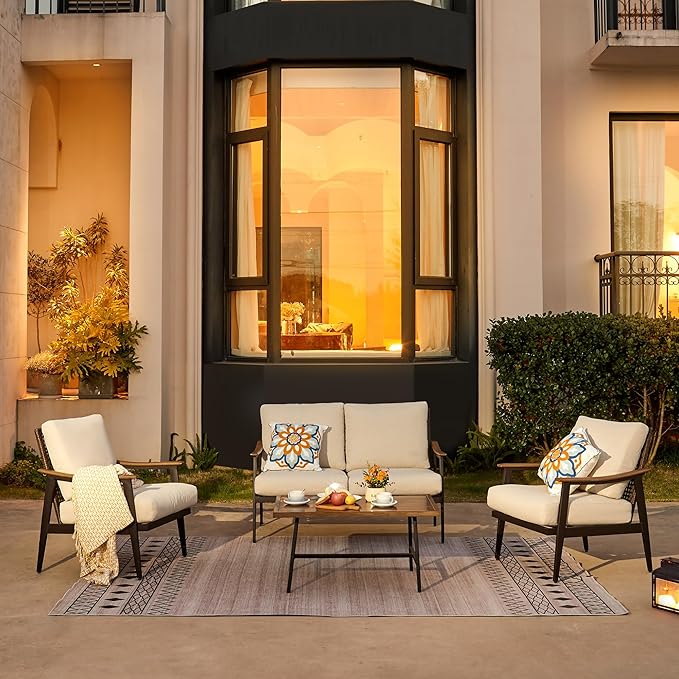 NATURAL EXPRESSIONS 4 Pieces Patio Furniture Set, Outdoor Furniture Sofa Sectional Modern Metal Patio Conversation Set with High Back Wicker Backrest & Loveseat for Balcony, Backyard, Deck, Porch