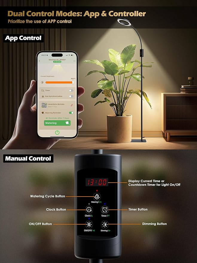 Smart Grow Lights for Indoor Plants,24W Plant Light with Auto-Timer,Full Spectrum LED Grow Light, Adjustable Height & Stepless Dimming,Plant Assistant Suitable for Most Plants (Black, 24W)