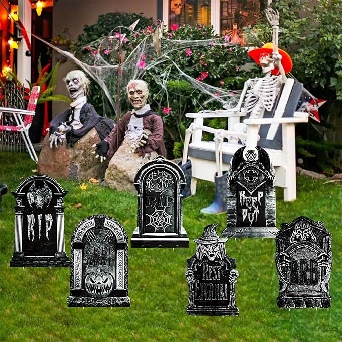 Halloween Gravestone Tombstones Yard Signs Decorations, Devil, Pumpkin, Bat, Spider, 6pcs 11.5”x16.93 Waterproof Halloween Graveyard for Home, Party, Cemetery Decor