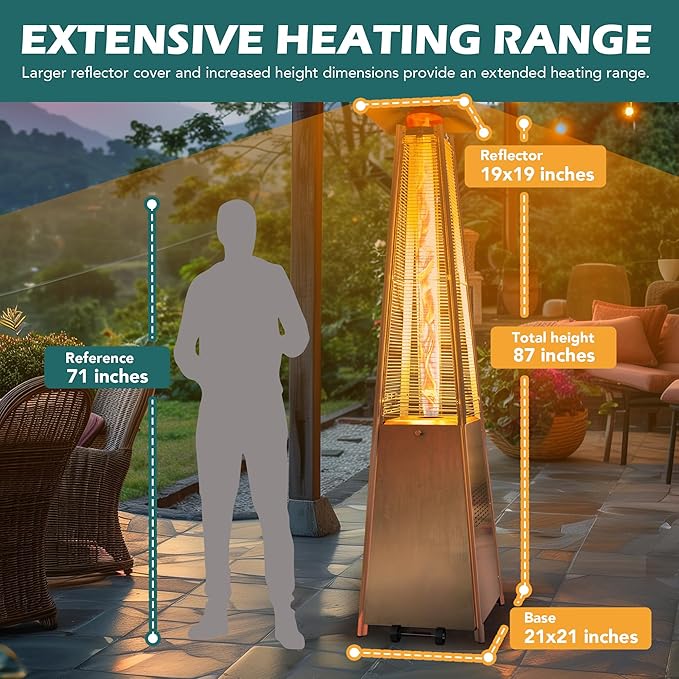 48,000 BTU Flame Pyramid Pool Heater, Stainless Steel Triple Safety Protection Patio Heater with Patio Cover, Warm Glass Tube Portable with Durable Wheels-Stainless Steel Color