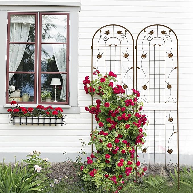 2 Pack Metal Garden Trellis for Climbing Plant Rose Stand, Brown Outdoor 86.7" Tall Flower Support Iron Garden Fence (Brown 86.7" H