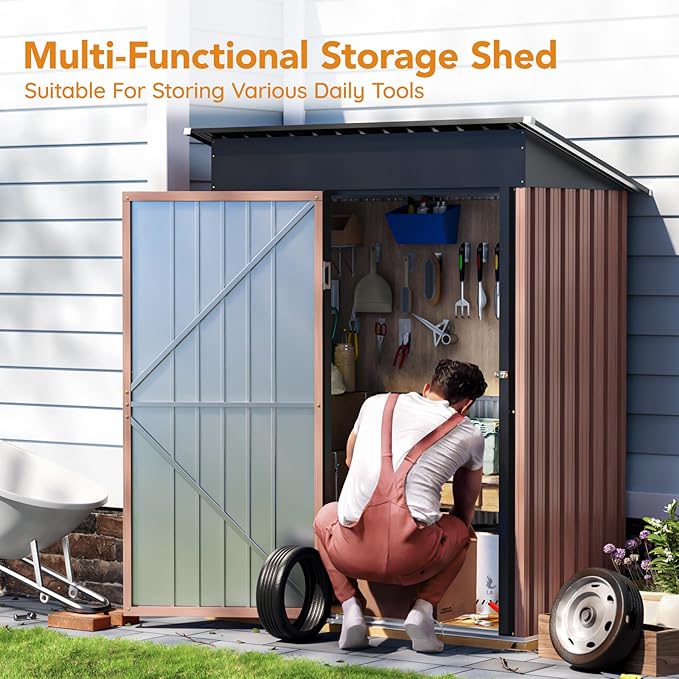 5X3X6.1 FT Garden Storage Shed with Frame Floor,Steel Tool Shed with Lockable Door, Anti-Corrosion Metal Shed for Backyard Patio Lawn (Light Wood Grain)