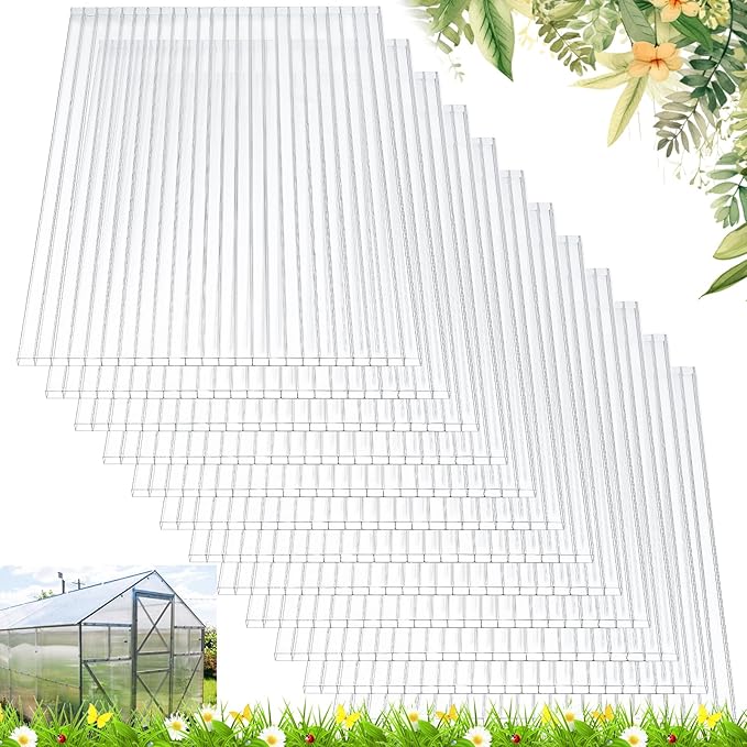 Tatuo 12 Pack 8' X 2' X 0.16'' Polycarbonate Greenhouse Panels Polycarbonate Sheets Twin-Wall Roof Panels Waterproof UV Protected Clear Corrugated Plastic Roofing for Greenhouse Replacement