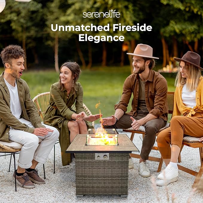 SereneLife Outdoor Propane Fire Pit Table 50,000 BTU CSA ETL Certified Square Wicker Gas Fire Table with Tile Top, Adjustable Flame, Decorative Glass Rocks, Weather-Resistant for Patio or Backyard