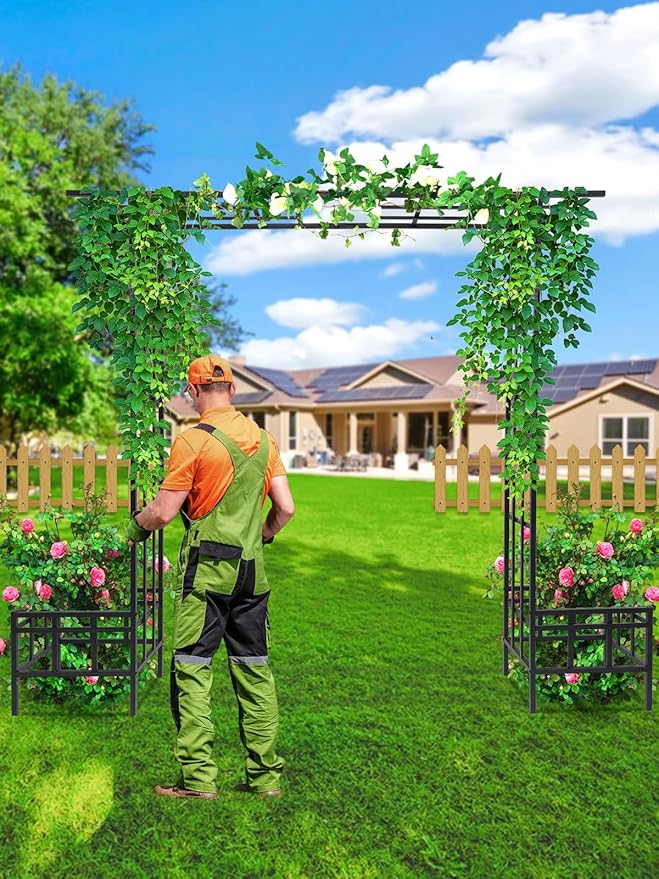Kalolary 2 in 1 Metal Garden Arbor with Plant Box, 8FT House Shape Garden Arch Trellis for Climbing Plants Heavy Duty Steel Pergola Arch for Wedding Party Backyard Outdoor (Freely Adjustable Width)