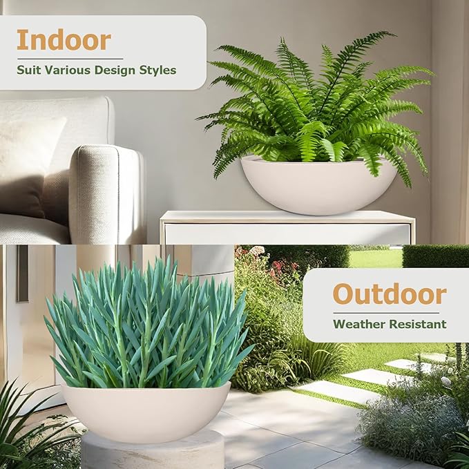 6.9"H x 19.7"D Round Bowl Fiberstone Planter for Succulent and Lotus, Drainage Hole, Weather Resistant for Indoor and Outdoor Use, Included 2 Extra Coco Mats (Kilim Beige, 17.9" Pot Opening)