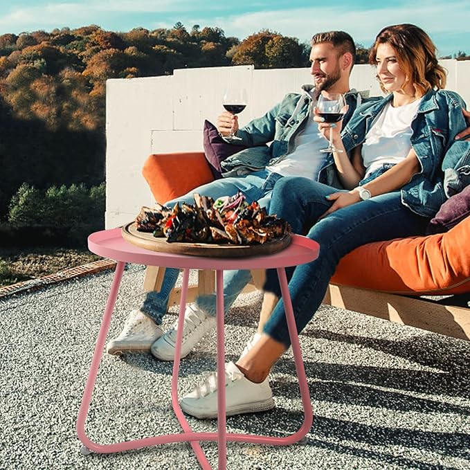 Babion Pink Round Side Table for Outdoor Patio, Yard, Garden, and Indoor Use - Small Steel Accent End Table