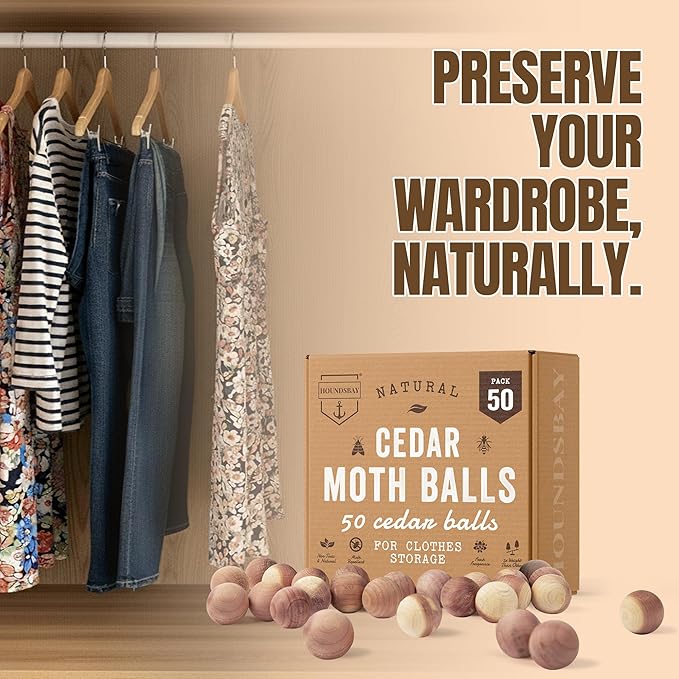 50 Cedar Balls for Clothes - Fresh Smell for Closets and Drawers - Protection for Garments - Cedarwood Closet Freshener & Protects from Moths - Wood Block for Drawer & Storage