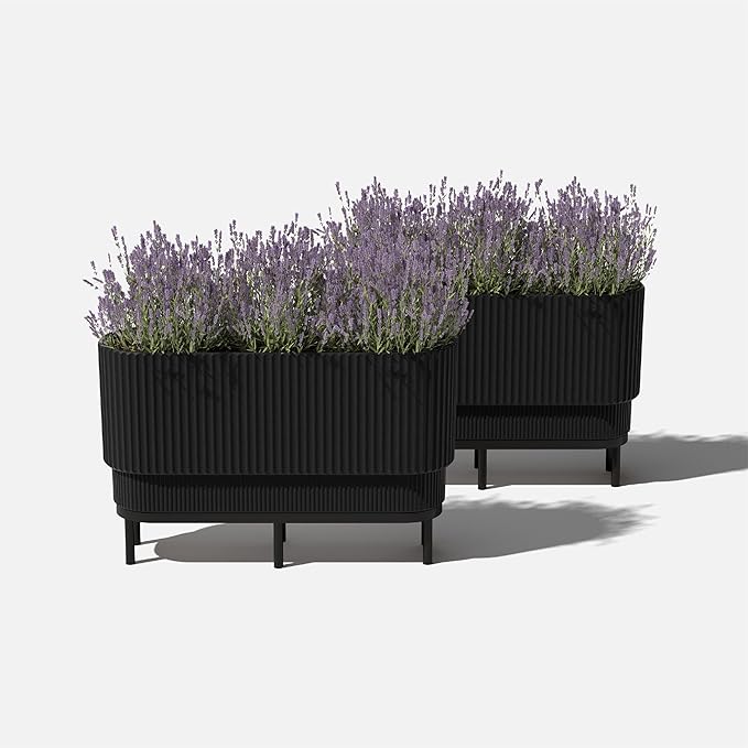 Veradek Demi Series Raised Long Planter for Indoor/Outdoor Use | Made from Plastic & Stone w/Wooden Stand | Modern Patio Décor for Flowers/Shrubs