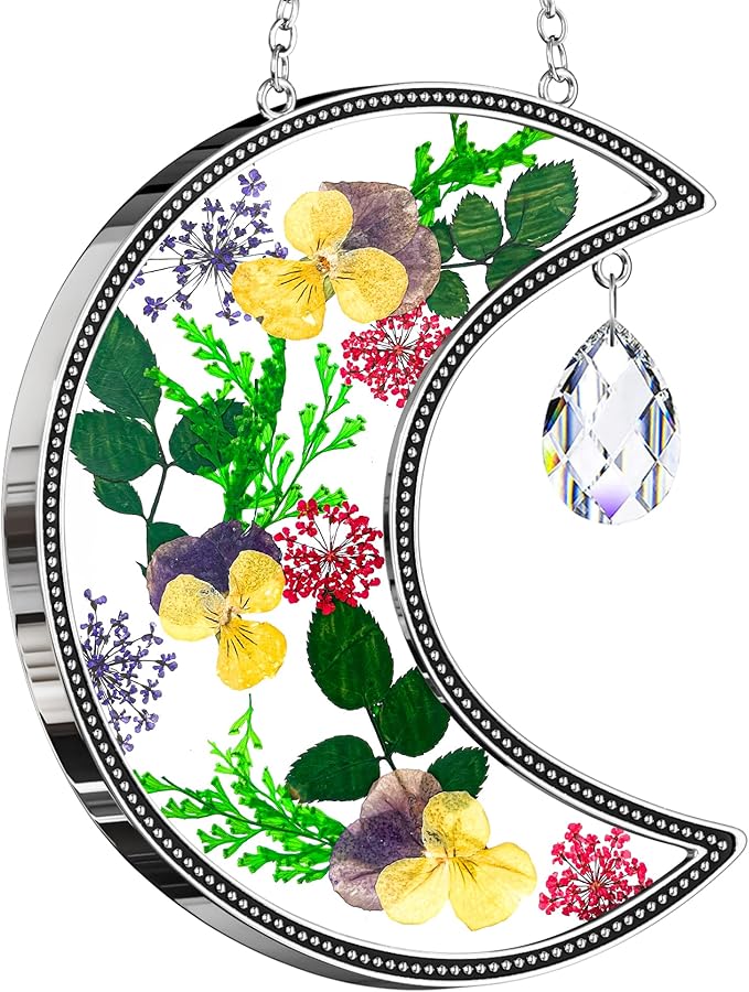 KY&BOSAM Crystal Moon Suncatchers Gifts for Mom Family Friends Stained Glass for Windows Wind Chimes Real Flower Colorful Crystal Outdoor for Garden Indoor Home Trees Patio Yard Porch Decor
