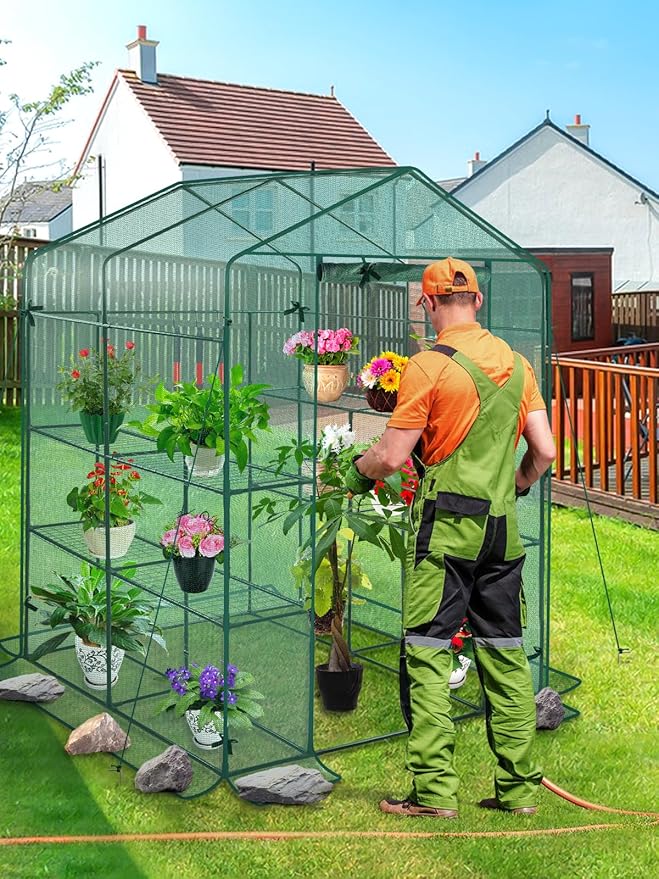 2 in 1 Greenhouse for Outdoors with 2 Protective Net, Kalolary 7FT Portable Walk in Greenhouse Plant Garden Green House for Winter Summer Large Garden Greenhouse with Door Heavy Duty Greenhouse (1PC)