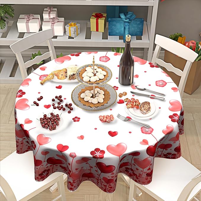 Giwawa Red Love Hearts Round Tablecloth 60 Inch Valentine's Day Decorative Table Cloth Polyester Fabric Washable Table Cover for Dining Date Wedding Anniversary