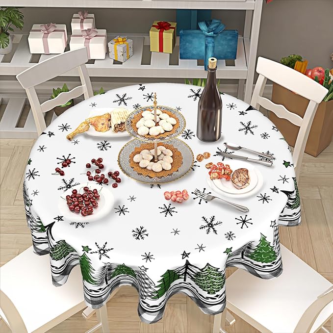 Giwawa Christmas Round Tablecloth 60 Inch,Green and Black Buffalo Plaid Xmas Trees Snowflakes Theme Country Reusable Wrinkle Resistant Table Cover for Holiday Party Dinner Table Decor
