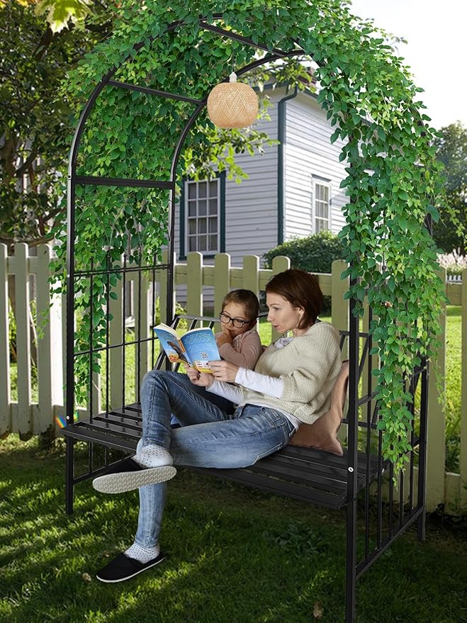 Kalolary Garden Arch with Bench, Heavy Duty Metal Garden Arbor for Climbing Plant & Bench Vines Climbing Support for Lawn Yard Patio Decor (81"x45")