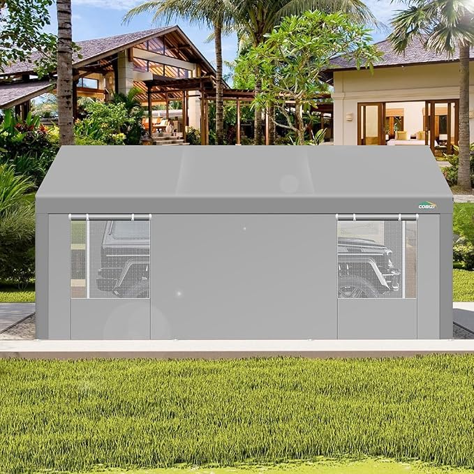 COBIZI Carport 10x20ft Heavy Duty Portable Garage, 2.0 Powder Coated Frame(Better Than Galvanized), Waterproof Shelter with Removable Sidewalls & Windows, Built-in Sandbags, for Car/Boat/SUV, Gray