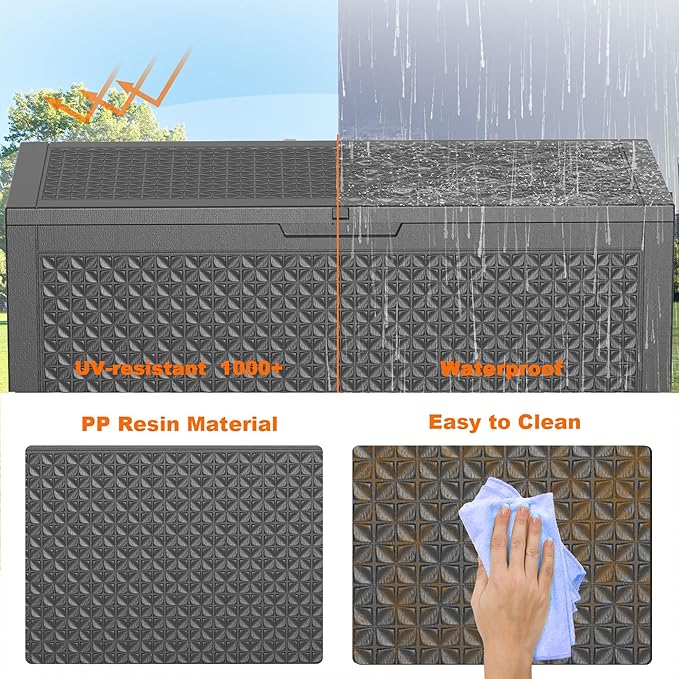 ROJIK Outdoor Storage Housing Deck Box - Waterproof Patio Furniture, Garden Tools, Cushions, Pool Accessories Storage Bench with Lockable Lid and Side Handles (Black pattern,100 Gal)