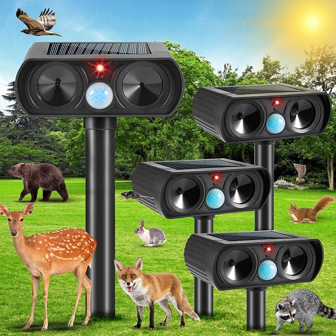 2025 Solar Ultrasonic Animal Repellent Cat Repellent Outdoor Solar Animal Repeller with Motion Detection Waterproof Deer Repellent Device to Repel Raccoon Rabbit Squirrel Skunk Fox(4Pack)