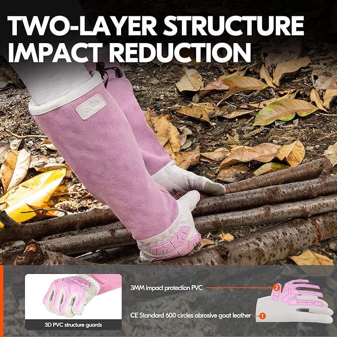 Vgo... 1-Pair Premium Geniune Goat Leather Extra-long Cuff Thornproof, Anti-abrasion, Anti-Impact Gardening Gloves (Size M, White, GA9659)