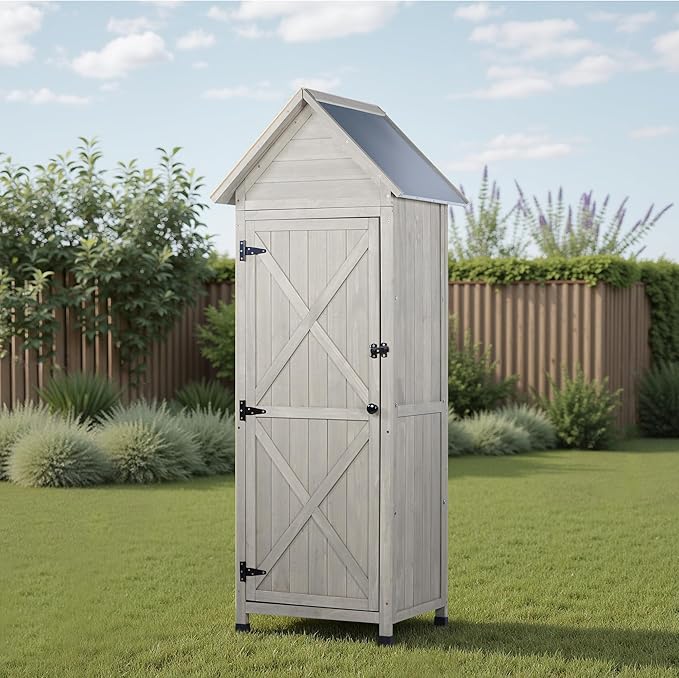 Wooden Outdoor Storage Cabinet,Tall Vertical Garden Tool Shed with Waterproof Metal Roof & Adjustable Feet – Perfect for Yard, Patio, Lawn & Deck (Gray, 22" x 26" x 67")