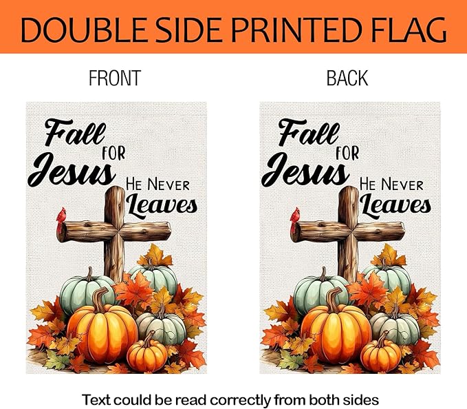 Fall Cross Pumpkin Garden Flags 12x18 Double Sided, Fall for Jesus He Never Leaves Yard Flag for Outside, Autumn Thanksgiving Holiday Seasonal Religious Outdoor Decorations for Home
