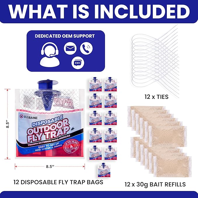 Fly Traps Outdoor Fly Trap for Patio. 12 Non-Toxic Pre-Baited Flies Bags Outdoor Disposable. Hanging Bug Catchers for All Filth Flies Killer for Outside Bug Control in Yard Horse Ranch Trash Can
