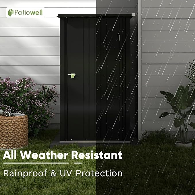 Patiolife 3 x 3 FT Metal Storage Shed, Small Patio Tool Shed with Sloping Roof & Lockable Door, Outdoor Garden Steel Shed for Backyard, Lawn, Easy-Assembly Black