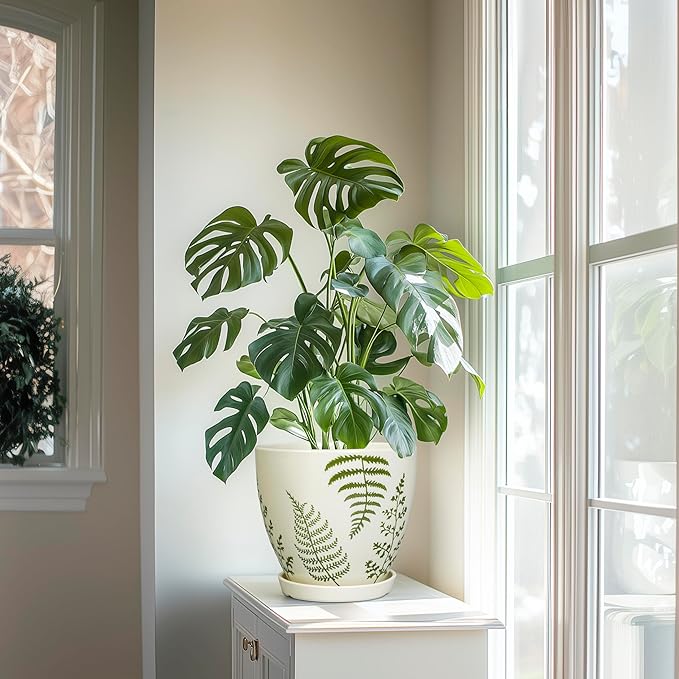 Ceramic Plant Pot 8.2 Inch - Ceramic Planter for Indoor Plants, Boho Round Decorative Outdoor Flower Pot with Drainage Hole and Saucer, Housewarming Gifts, Office Home Garden Decor, White