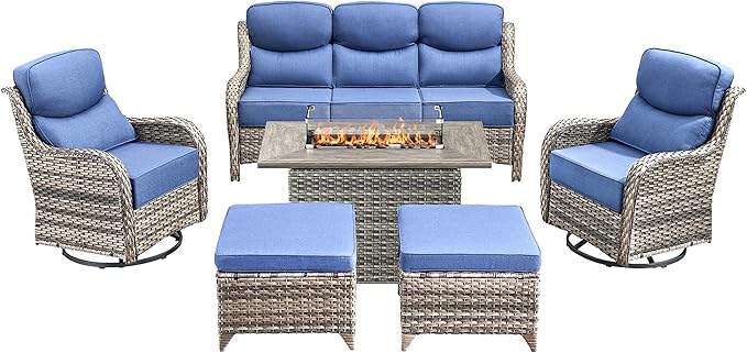 Luxury High Back Outdoor Furniture 6-Inch Thick Cushions with 50,000 BTU Gas Propane Fire Pit Tablet, Patio Furniture Set with Swivel Chairs, 6 PCS for Porch, Balcony, Deck and Yard