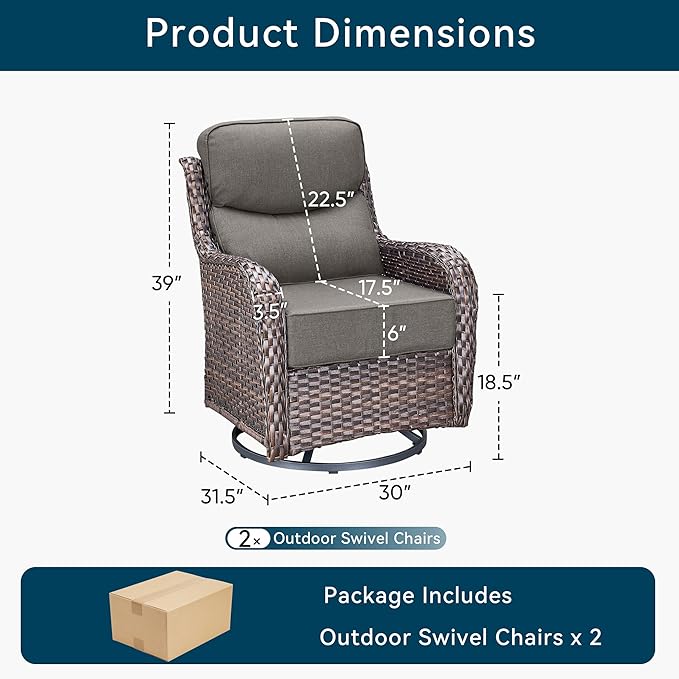 Luxury High Back Outdoor Swivel Rocker Patio Chairs with Side Table & 6-Inch Thick Cushions, 2 Pieces Patio Furniture Set for Porch, Balcony, Deck and Yard