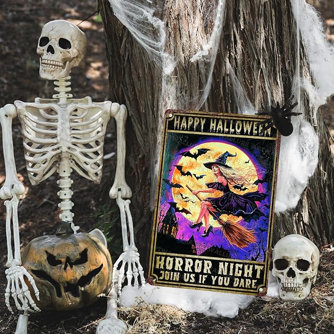 Halloween Spooky Witch Vintage Sign Witchy Bat Halloween Metal Tin Sign for Home Bar Kitchen Hotel Dining Room Coffee 8x12inch