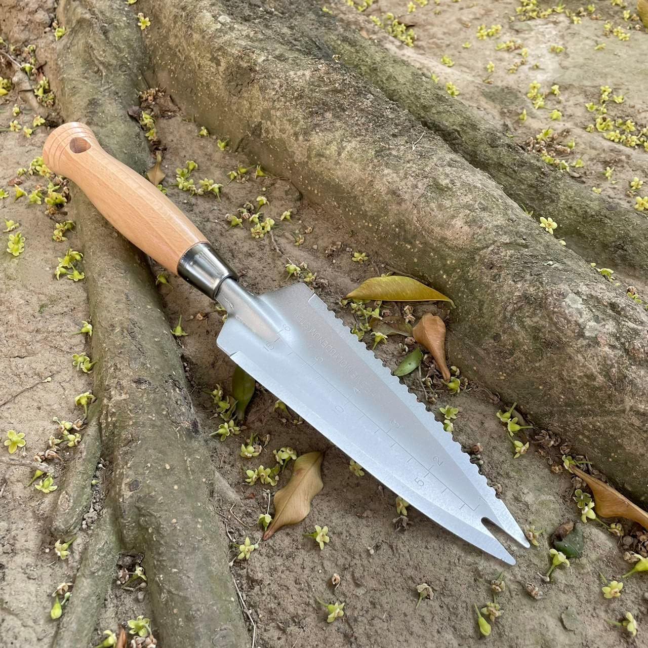 SUMIO 13.3" Alloy Steel Garden Trowel with Forked Tip and Depth Markings, Weeding Knife for Root Cutting, Transplanting, Digging, and Slit Weeding