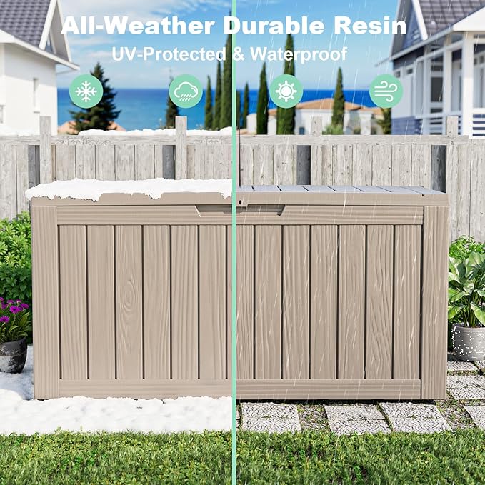 80 Gallon Deck Box,Resin Outdoor Storage Box with Lockable for Patio Furniture, Pool Accessories, Garden Tools Waterproof Outside Storage Box, Grey