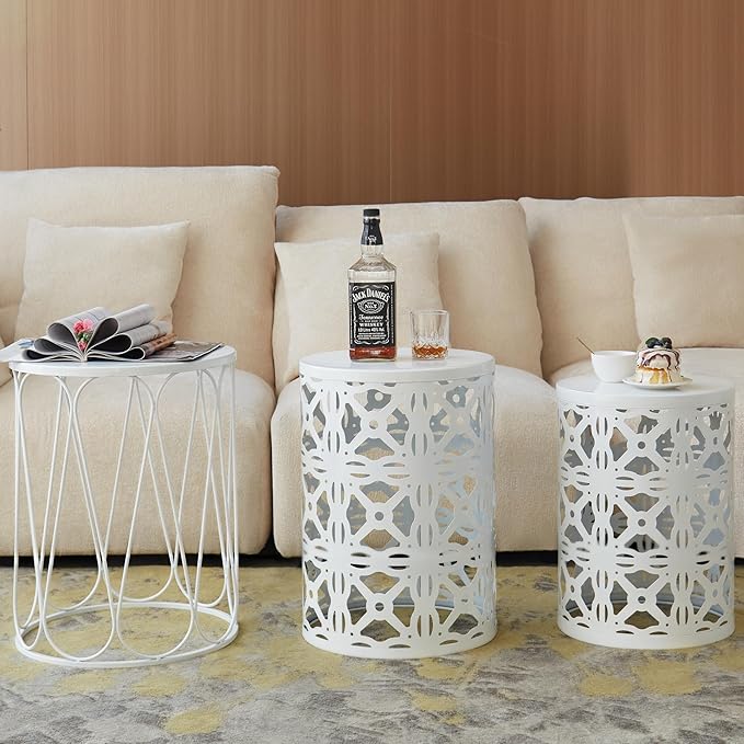 Y&M Set of 3 Stacking Coffee Table for Living Room, Round Metal Coffee Table, Indoor End Tables, Outdoor Garden Stool with Heavy Duty Metal Frame Modern Industrial Decor - Pure White (Ship from US)