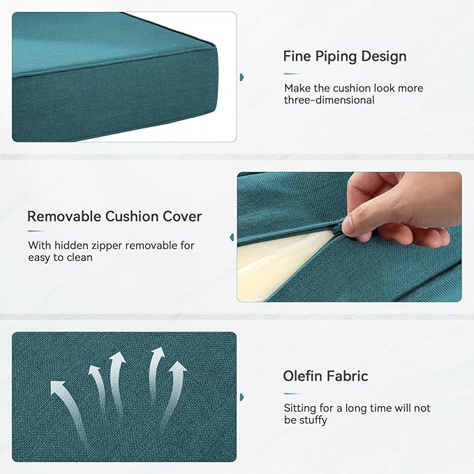 Luxury 6" Outdoor Cushions for Patio Furniture, 24x24x6 Thick Seat Cushion Set of 4, Fade Resistant Couch Chair Replacement Cushions High Density Deep Wicker Chair Cushion w/Removable Cover, Green