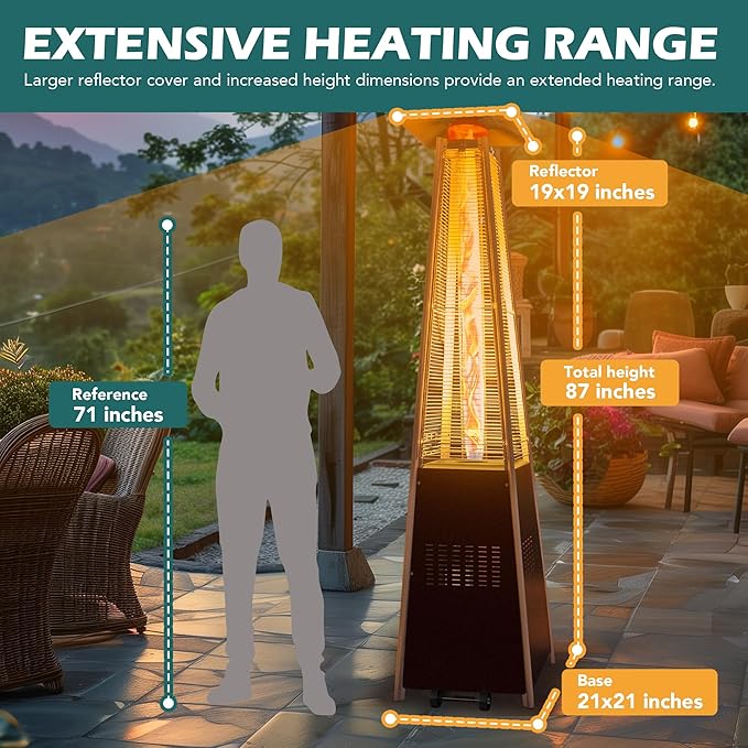 48,000 BTU Flame Pyramid Pool Heater, Triple Safety Protection Portable Patio Heater with Patio Cover, Warm Glass Tube with Durable Wheels-Brown