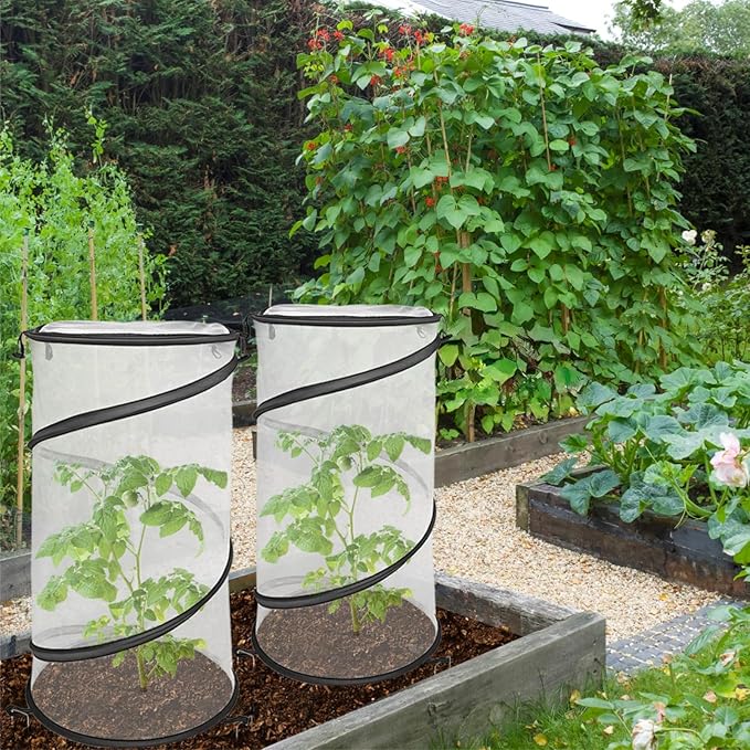 4 Pack Pop Up Plant Covers from Animals, 12"x 24"Round Foldable Insect Barrier Net Garden Plant Protectors with Stakes & Zipper, Bird Protection for Outdoor Vegetables Flowers Fruits Plants