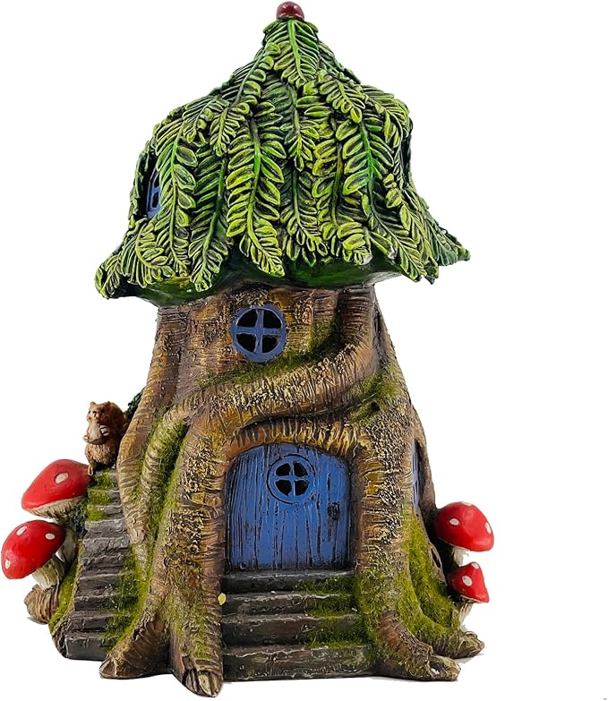 COWOS Solar Light Fairy Tree House, Fairy Garden House Statues,Tree House Figurines with Solar Light for Indoor Outdoor Art Decorations, Patio Yard Lawn Ornaments Gift
