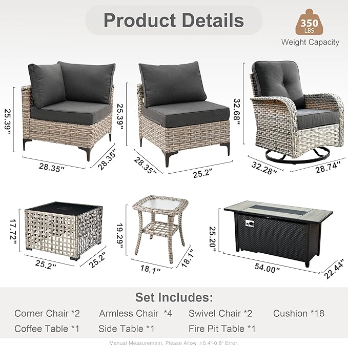 HOOOWOOO Outdoor Patio Furniture Set with Fire Pit Table,11 Pieces Wicker Out Door Sectional Furniture L Shaped Couch,Outside Patio Conversation Sets Swivel Chair,Black