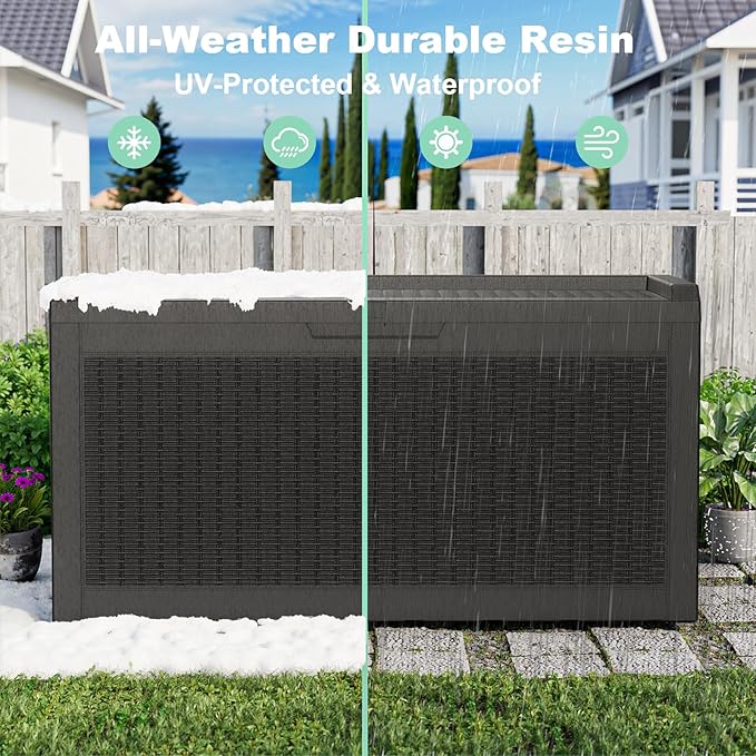 ROJIK Outdoor Storage Housing Deck Box,Waterproof Patio Furniture, Garden Tools, Cushions, Pool Accessories Storage Bench with Lockable Lid and Side Handles (Black,60 Gallon)